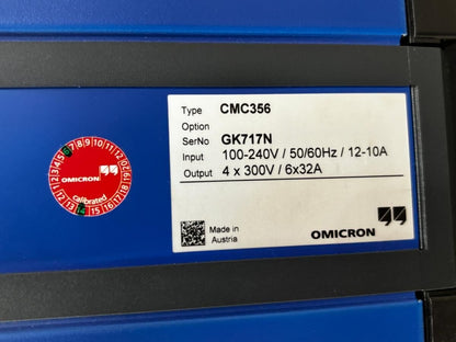 OMlCRON CMC 356 Protection Relay Tester + Calibration Cert & Full Cable Set