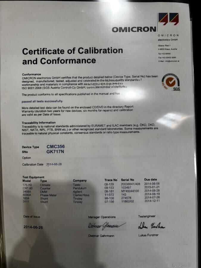 OMlCRON CMC 356 Protection Relay Tester + Calibration Cert & Full Cable Set