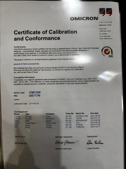 OMlCRON CMC 356 Protection Relay Tester + Calibration Cert & Full Cable Set