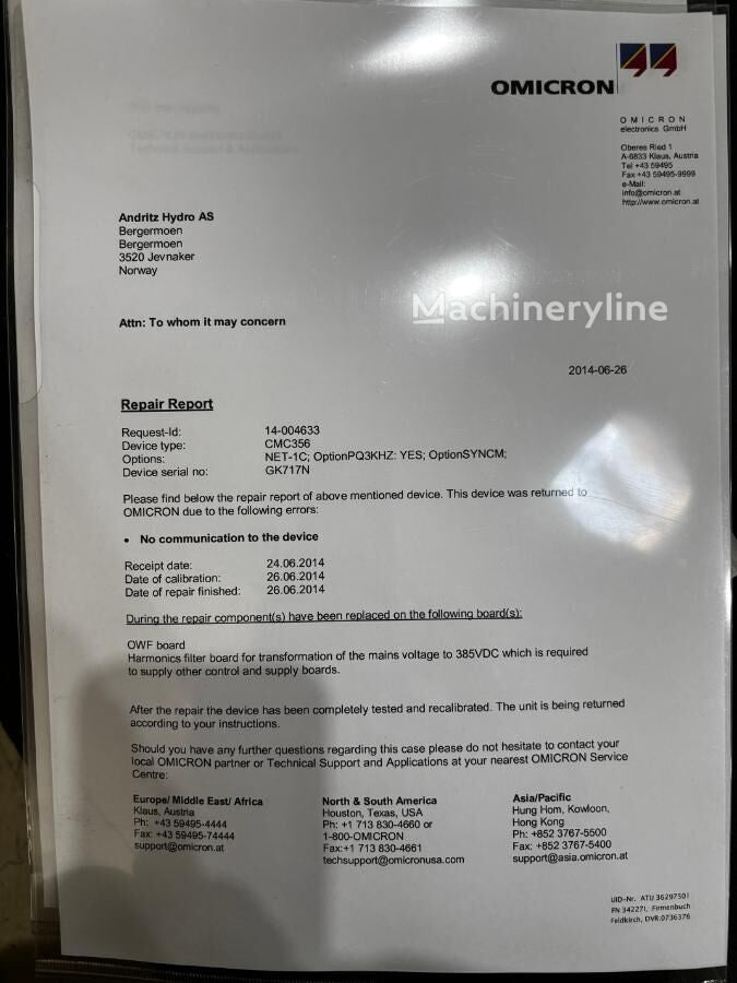 OMlCRON CMC 356 Protection Relay Tester + Calibration Cert & Full Cable Set